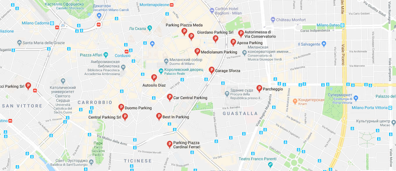 Парковки в центре Милана - карта