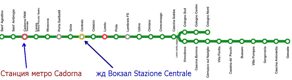 Как доехать от станции метро Кадорна до центрального жд вокзала в Милане?